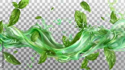 Water drops with mint leaves, menthol drink, cold tea with peppermint leaves isolated on transparent background. Modern realistic illustration of water waves with falling and flowing water.