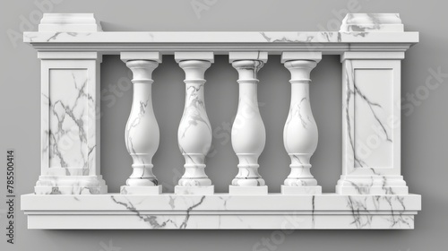 A marble balustrade, white handrails or railings on a balcony. A fence pillar or banister. Panels balusters for architecture design isolated elements Realistic 3D modern illustration.