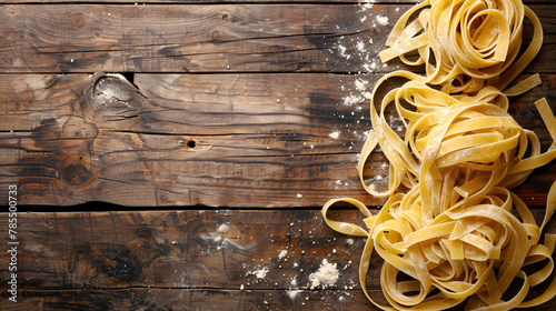 Uncooked fettuccine pasta on a wooden background 