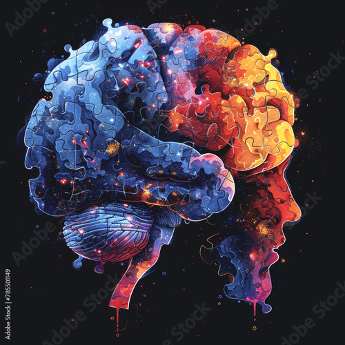 Colorful illustration of the human brain, with different parts of the cerebral cortex painted in various colors. Concept of brain anatomy, cognitive functions, neural networks. Generative AI.
