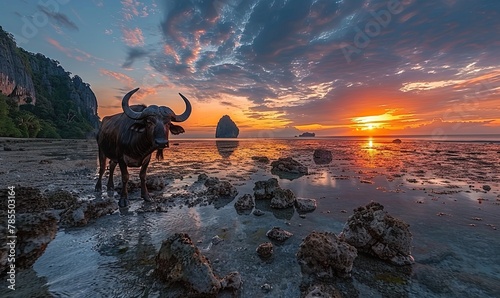 A big bull at the watering hole at sunset.