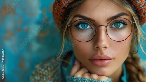 A beautiful woman wearing glasses and a knitted hat.