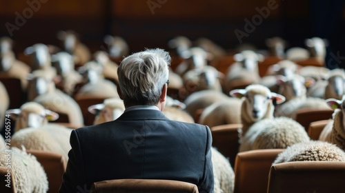 Man Facing Sheep Crowd in Auditorium: Populism Metaphor