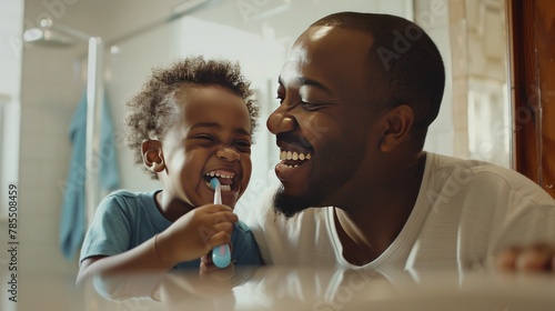 A man and a child are brushing their teeth together