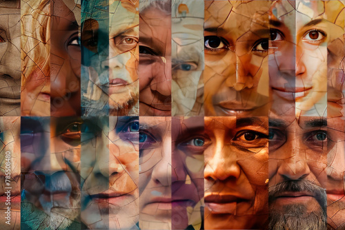 collage Human faces made from portrait of different people of diverse age, gender and race. Concept of social equality, human rights, freedom, diversity, acceptance