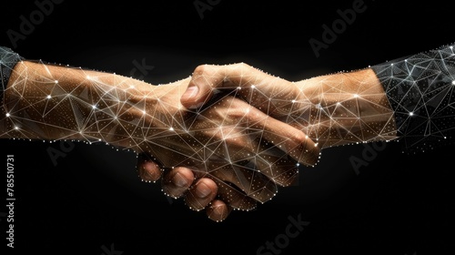 Modern isolated brotherly handshake concept. Low polygonal wireframe and points. Polygonal 3D white agreement concept on dark background. Abstract deal mash line origami.