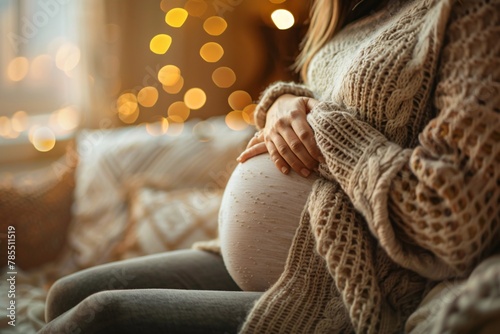 Pregnant woman smiling in close-up, warm ambiance, hands gently caressing her growing belly