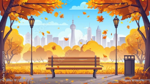 A parallax background of autumn city parks with wooden benches, insets of yellow trees, lanterns, a bin, and the skyline of city buildings in a 2D fall day urban landscape with separate layers for