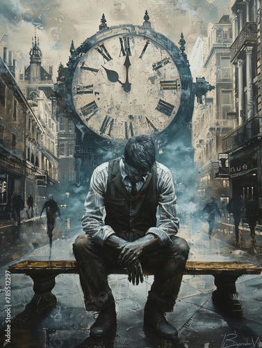 A man with a clock face, his hands ticking in real time, sits on a bench in a timeless cityscape, conveying the relentless march of time