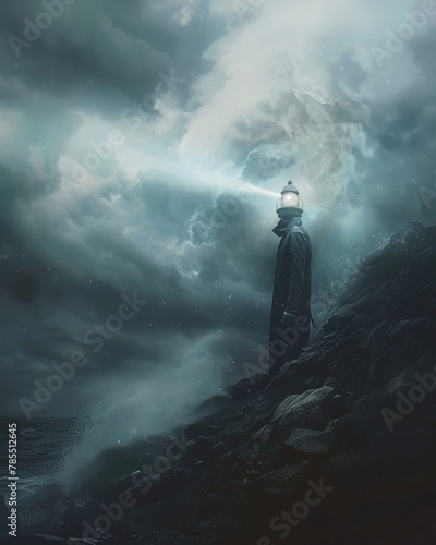 An individual with a lighthouse head, casting beams of light from their eyes, wanders a foggy coast, guiding lost souls to safety, embodying hope and direction