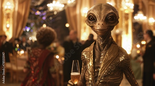 Cinematic scene featuring a curious alien trying a bubbly champagne at a glamorous gala, with glittering chandeliers and elegant guests mingling in the background 03