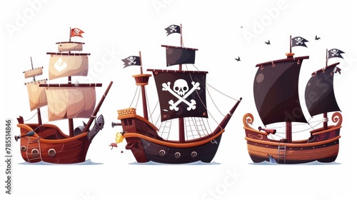A pirate ship isolated on a white background. Wooden boats with black sails, a shooting cannon, a jolly roger flag, an old and a new battleship, and a barge after a shipwreck. Cartoon modern