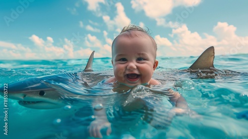 A smiling baby floats on its back in the ocean with shark fins sticking out of the water 01