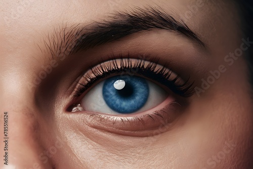 Close up blue eye with future cataract protection scan contact lens, illustrating eye care technology