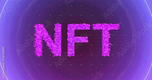 Image of nft text and neon circles on black background