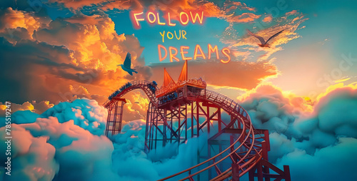 Inspirational Fantasy Landscape with Rollercoaster and FOLLOW YOUR DREAMS Message Amidst Clouds in a Surreal Sky, Concept of Dream Pursuit and Adventure