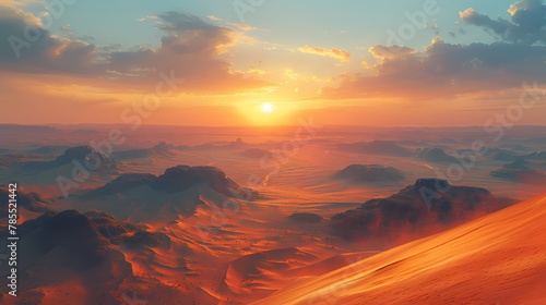 A sprawling desert landscape with towering sand dunes stretching as far as the eye can see, bathed in the golden light of the setting sun