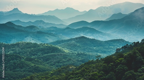 Unfocused sight of a mountainous landscape, featuring rugged peaks and dense forests untouched by civilization