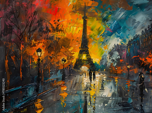 Vibrant Abstract Impression of Paris with Eiffel Tower and River Seine