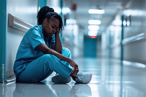 Woman nurse or female doctor sitting in hospital on the floor, black girl tired and sad, depression and emotional burnout concept, AI generated