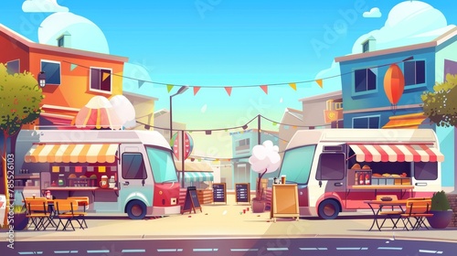 The modern illustration of the street food festival poster shows vendors selling coffee and cotton candy, tables and chairs. This invitation flyer shows vans selling drinks and snacks.
