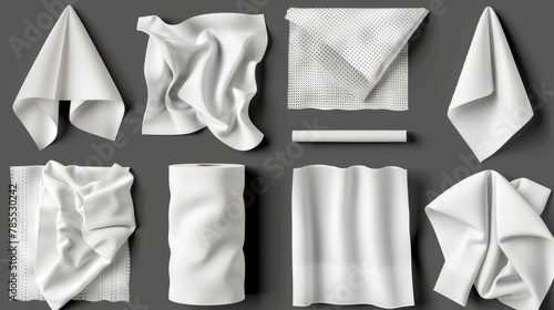 This is a realistic set of kitchen towel mockups with perforated texture isolated on transparent background. The image is a 3D modern illustration of soft white hygiene tissue rolls for bathrooms or