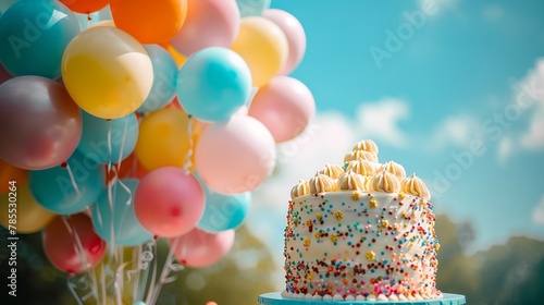 Vibrant celebration cake with colorful balloons in sunshine