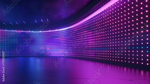 The curved cinema glittering diode pixel technology modern backdrop illustration of a TV show led screen stage and a LCD wall. Digital concave monitor light panel texture.
