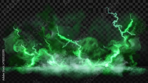 The abstract modern illustration depicts a cloud of toxic gas, electric discharges, glowing poisonous air, and lightning striking a green smoke background on a transparent background.