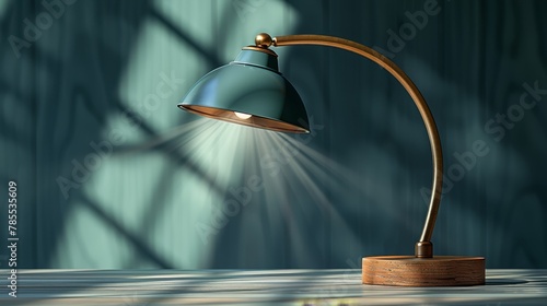  A desk lamp on a wooden table in a room Blue wall background Window admits incoming light
