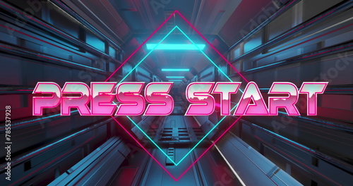 Image of press start text over neon banner against grey tunnel in seamless pattern