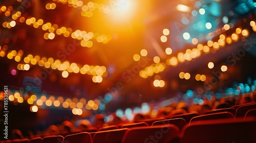 Soft-focused view revealing the energy of a concert hall with blurred stage, vibrant lighting, and anticipation