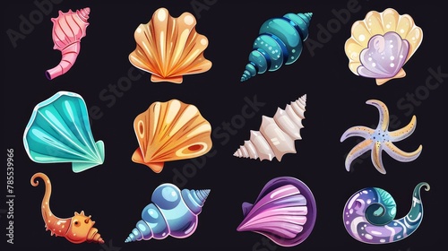 A cartoon set of seashells isolated on a black background. A seabed design element for the beach or aquarium, including oyster shells with pearls, mollusks, snails, jewelry souvenirs.