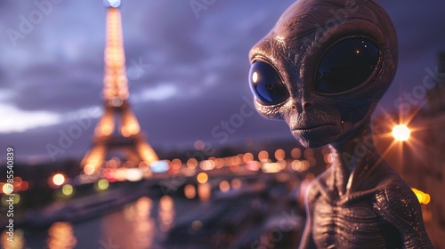 Cinematic image of an amiable alien admiring the majestic beauty of the Eiffel Tower at twilight, with the city lights sparkling and the Seine River softly blurred in the background 01