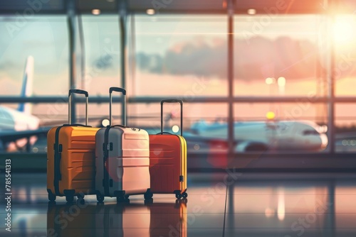 Golden hour getaway, luggage awaits departure at bustling airport terminal