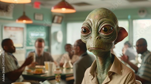 Cinematic scene featuring an amiable alien conversing with coworkers during a lunch break in a vibrant office cafeteria, the atmosphere filled with the buzz of friendly chatter 02
