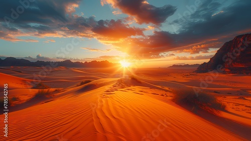 A vast desert landscape stretching to the horizon, dotted with ancient ruins half-buried in the sand, under a sky ablaze with the colors of sunset