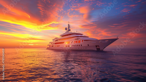 A stunning, high-end yacht travels across the ocean as the sun sets, painting the sky in vivid orange and red hues