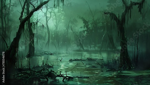 Enveloped in ominous fog, a cursed swamp teems with vengeful spirits and lurking dangers, its eerie atmosphere shrouded in darkness