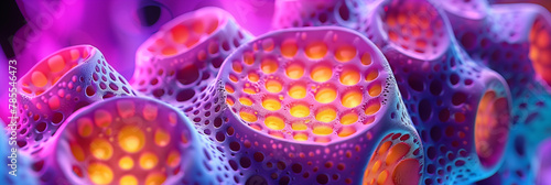 A close-up view highlighting the intricate details of synthetic polymer structures, with a play of vivid purple and orange lights. Structures exhibit a honeycomb-like pattern with varying opacity