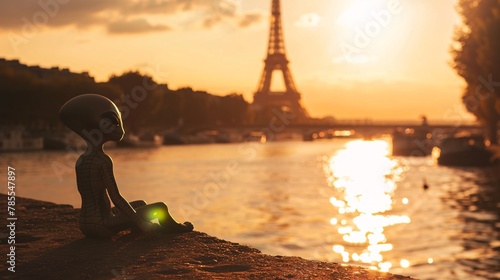 Cinematic photo of a friendly extraterrestrial relaxing by the Seine River in Paris, with the majestic silhouette of the Eiffel Tower looming in the softly blurred background