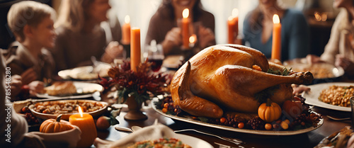 A festive Thanksgiving table with roasted turkey, sides, and lit candles, shared by a joyful family gathering in a warm, inviting atmosphere.