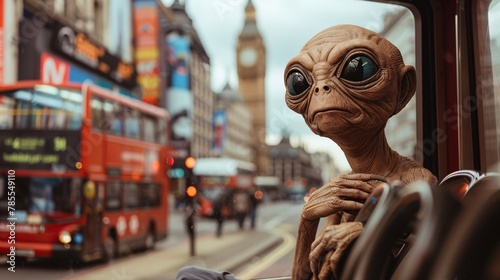 Cinematic photo of an amiable alien riding a double-decker bus through the bustling streets of London, with famous landmarks and colorful advertisements softly blurred in the background 01