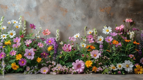  A collection of blooms situated in a flower bed, backed by a concrete wall