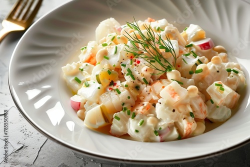 Creamy potato salad on a white plate