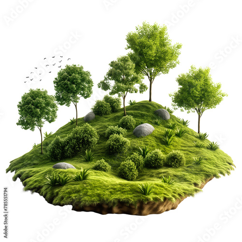 3D piece of green island with trees and rock isolated on transparent background.