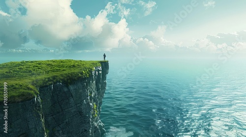 A solitary figure standing at the edge of a cliff, contemplating the vastness of the ocean below,