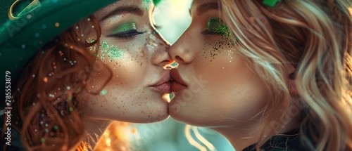 Irish celebration, two women, closeup kiss, St Patricks Day, costume and hat, party vibe , 8K , high-resolution, ultra HD,up32K HD