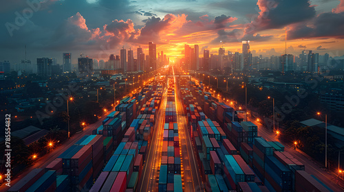 An aerial view captures the bustling container port with rows of colorful containers, while the city skyline gleams under a dramatic sunset