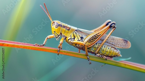 Insects and Bugs: A macro close-up photo of a grasshopper perched on a blade of grass